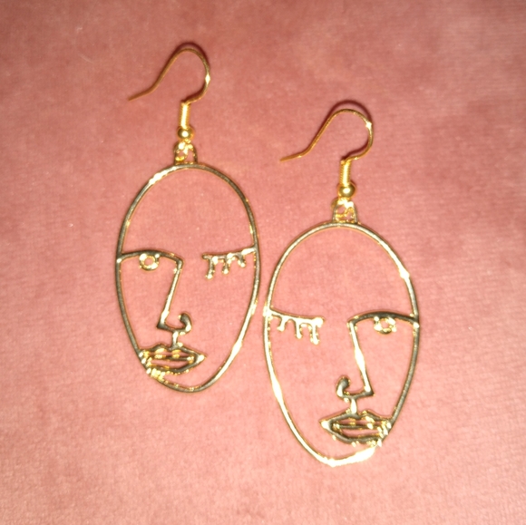 Abstract Winking Face Art Eyes Eyelashes Earrings Artistic Wink Outline Gold New - Picture 4 of 6